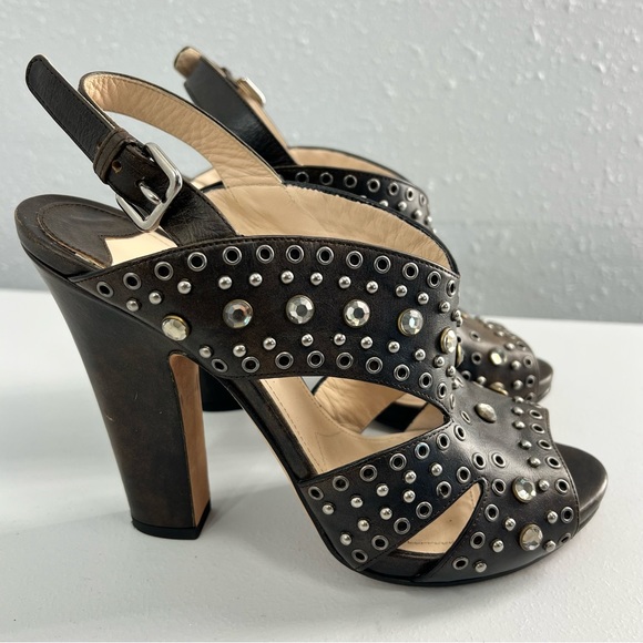 Prada Leather Studded Strappy Chocolate Block Heel Sandal Size 38.5 (US 8) - Picture 9 of 12